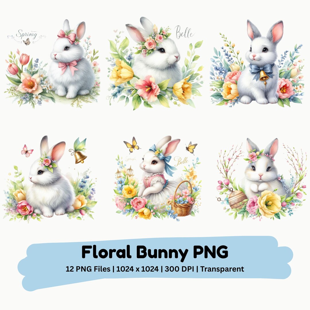 Floral Easter Bunny PNG Bundle | Watercolor Rabbit Flower Clipart ...