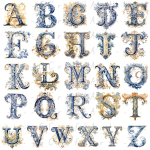 Puede incluir: Un conjunto de 26 letras may&uacute;sculas ornamentadas, cada una con un dise&ntilde;o &uacute;nico. Las letras son de color azul oscuro con detalles florales dorados y crema, sobre un fondo blanco. El estilo evoca la caligraf&iacute;a vintage, ideal para decoraci&oacute;n.