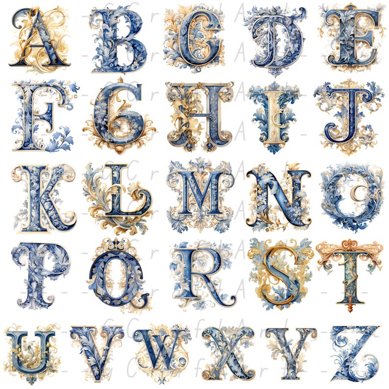 Puede incluir: Un conjunto de 26 letras may&uacute;sculas ornamentadas, cada una con un dise&ntilde;o &uacute;nico. Las letras son de color azul oscuro con detalles florales dorados y crema, sobre un fondo blanco. El estilo evoca la caligraf&iacute;a vintage, ideal para decoraci&oacute;n.