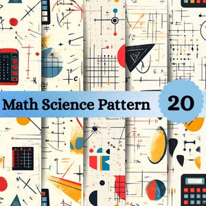 May include: A digital paper set featuring a maths and science pattern with twenty variations. The design includes calculators, geometric shapes, grids, and abstract lines in black, red, blue, and yellow on a cream background. Text reads Math Science Pattern 20.