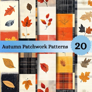 May include: A collection of 20 autumn patchwork patterns featuring various leaf illustrations in shades of orange, yellow, brown, and black. The design includes plaid textures, solid color blocks, and scattered foliage motifs with the text Autumn Patchwork Patterns 20.