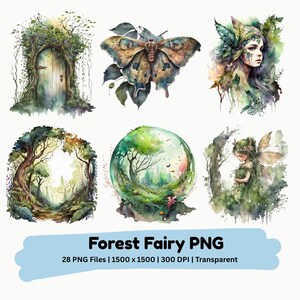 May include: Watercolor illustrations of forest-themed fairies, a butterfly, and a forest door. The images are in shades of green, brown, and blue. The text "Forest Fairy PNG" is displayed on a blue banner, along with file details.
