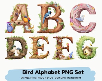 Conjunto de letras PNG del alfabeto de aves / Letras de nido de la A a la Z, imágenes prediseñadas de naturaleza, diseño de nombres para guardería por sublimación, descarga