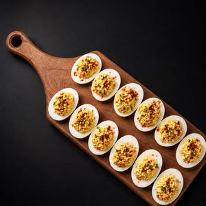 May include: A wooden serving board with a handle holds twelve halved hard-boiled eggs. Each egg white is filled with a yellow yolk mixture topped with red paprika and green herbs, arranged in a structured pattern on the dark brown wood surface.