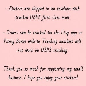 May include: Text on a light pink background. The text says stickers are shipped in an envelope with tracked USPS first class mail. Orders can be tracked via the Etsy app or Pitney Bowes website. Thank you for supporting my small business.