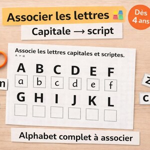 May include: Educational worksheet for matching uppercase and lowercase letters. Includes orange scissors, pencils, and letter tiles. The text says "Associate the letters" and "Complete alphabet to associate".