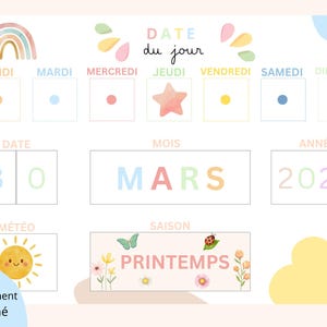 Peut inclure: Un calendrier imprimable aux couleurs pastel avec le texte "Date du jour" en haut. Le calendrier comprend les jours de la semaine, la date, le mois (Mars), l'année (2026), la météo et la saison (Printemps).