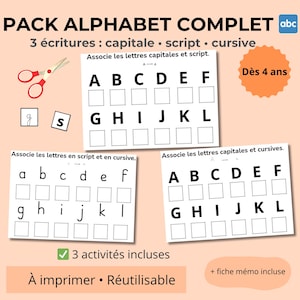 May include: Educational alphabet learning pack with three writing styles: capital, script, and cursive. Includes worksheets for matching uppercase and lowercase letters, plus a pair of scissors and letter samples. Suitable for ages 4 and up.