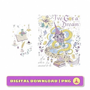 May include: Digital download PNG file featuring whimsical illustrations. One shows a tower with the text "I've Got a Dream," and the other shows a book and quill. The image has a purple and yellow color scheme.
