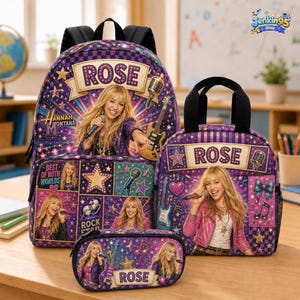 May include: A purple and black backpack, lunch bag, and pencil case set featuring Hannah Montana imagery, the name Rose, musical instruments, stars, and the text Best of Both Worlds. The items have black straps and zippers with a vibrant graphic design.