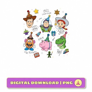 Può includere: Un download digitale PNG con illustrazioni di personaggi dei film di Toy Story. I personaggi includono Woody, Buzz Lightyear, Jessie, Mr. Potato, Ham e Rex, ognuno con cappelli da festa. L'immagine include il testo "DIGITAL DOWNLOAD | PNG".