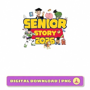 Op de afbeelding: Een digitale afbeelding met de tekst "SENIOR STORY 2026" in geel en rood, met cartoonfiguren uit de Toy Story-franchise. De afbeelding bevat Buzz Lightyear, Woody en andere personages, met een paarse banner onderaan.