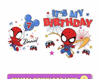 Arquivo PNG personalizado do Homem-Aranha "É meu aniversário", arquivo digital personalizado da Marvel com nome de aniversariante, download de PNG para viagem em família à Disneylândia.