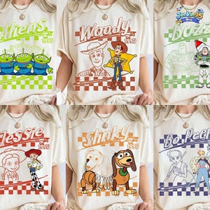 Retro Disneyland Pixar Toy Story All Characters Checkered Shirt, Woody, Buzz, Jessie, Bo Peep Shirt, Disneyland Matching Tee image 1