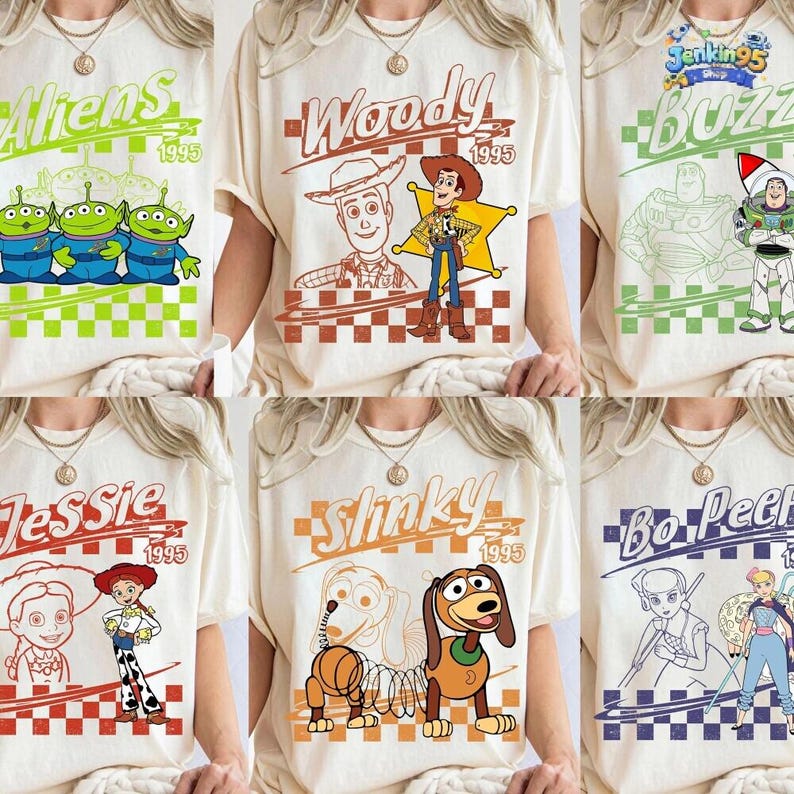 Retro Disneyland Pixar Toy Story All Characters Checkered Shirt, Woody, Buzz, Jessie, Bo Peep Shirt, Disneyland Matching Tee image 1