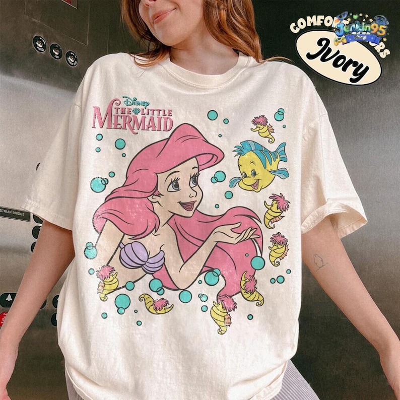 The Little Mermaid Ariel Princess & Flounder Bubble Poster Disneyland T-Shirt, Gift For Her, Ariel Princess Tee, WDW Disneyland Girl Trip image 1