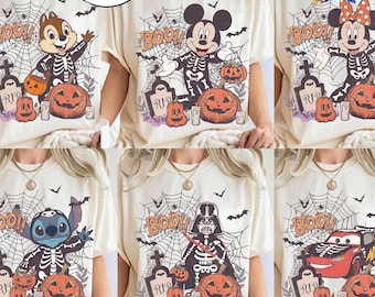 Vintage Disneyland All Characters Skeleton Halloween Shirt, Mickey & Friends Star Wars Chip Dale, Mickey's Not So Scary Halloween Party Tee