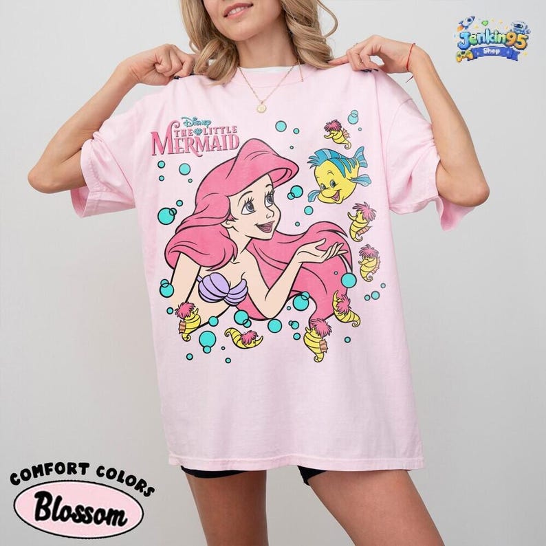 The Little Mermaid Ariel Princess & Flounder Bubble Poster Disneyland T-Shirt, Gift For Her, Ariel Princess Tee, WDW Disneyland Girl Trip image 3