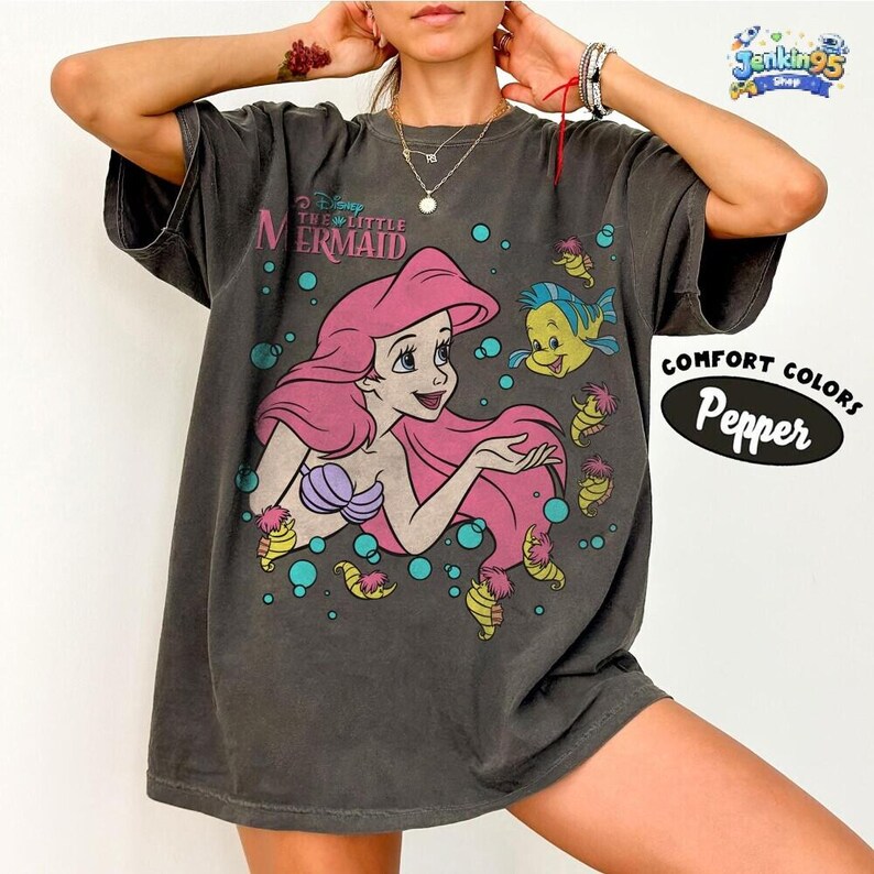 The Little Mermaid Ariel Princess & Flounder Bubble Poster Disneyland T-Shirt, Gift For Her, Ariel Princess Tee, WDW Disneyland Girl Trip image 2