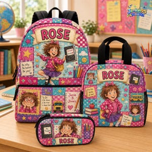 Personalized Junie B Jones Girls Backpack Set, Custom Name School Bag, Patchwork Lunch Box & Pencil Case, Kindergarten Gift for Kids