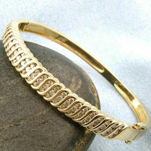 Gold Moissanite S-Curve Bangle, Vintage Inspired Wave Bracelet, Yellow Gold Tone Hinged Cuff, Art Deco Style Bangle, Bridal Party Gift