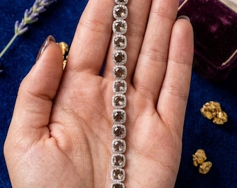 Pulsera de tenis vintage de cuarzo ahumado para mujer, pulsera de plata con halo y gema marrón talla cojín, joyería de boda Art Déco, regalo para ella.