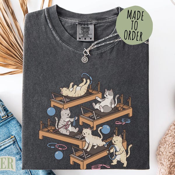 Funny Cat Pilates Comfort Colors Shirt, Minimal Animal Gym Fitness Tee, Cute Workout Exercise Apparel