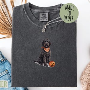 May include: A charcoal gray t-shirt featuring a graphic of a black dog wearing an orange bandana with white stars, sitting next to a small orange jack-o'-lantern. The shirt has a crew neckline and a Comfort Colors brand label at the inner collar.