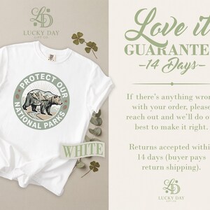 White t-shirt with "Protect Our National Parks" bear graphic.