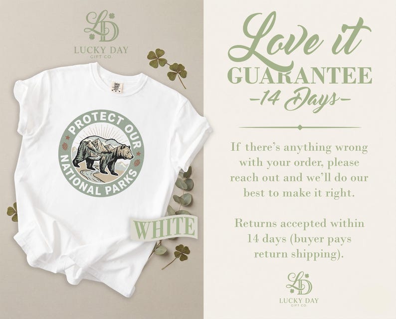White t-shirt with "Protect Our National Parks" bear graphic.