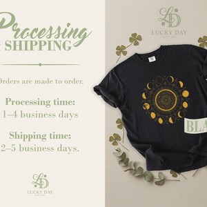 Black t-shirt with celestial moon phase graphic, processing and shipping times.
