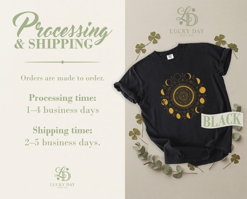 Black t-shirt with celestial moon phase graphic, processing and shipping times.