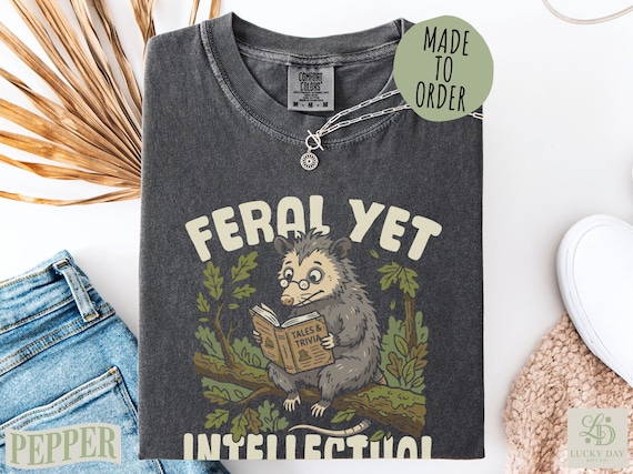 Feral Yet Intellectual Opossum T-Shirt, Reading Opossum Tee, Quirky Animal Gift, Woodland Creature Shirt, Funny Academic Apparel