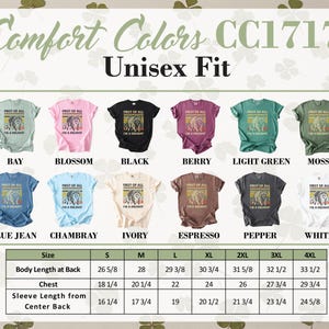 Unisex Comfort Colors CC1717 shirts in eight colors with size chart.