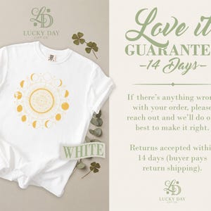 White t-shirt with a celestial moon phase design and "LUCKY DAY GIFT CO." logo.