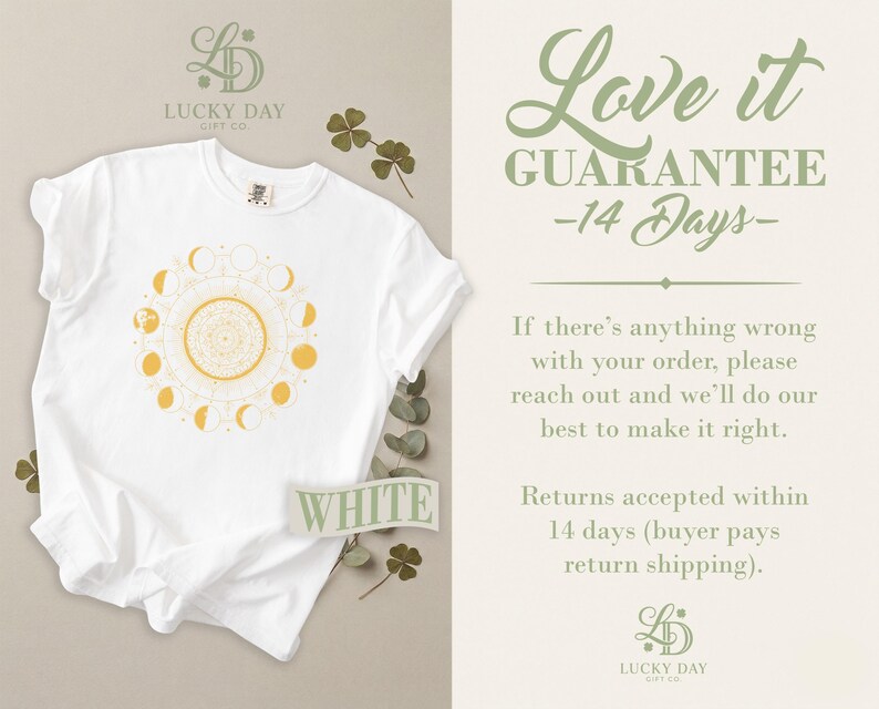 White t-shirt with a celestial moon phase design and "LUCKY DAY GIFT CO." logo.