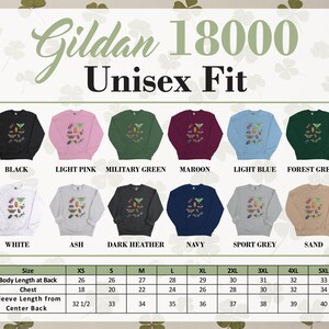 Gildan 18000 unisex fit sweatshirt color and size chart.