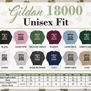 Gildan 18000 Unisex Fit sweatshirts in various colors, with size chart.