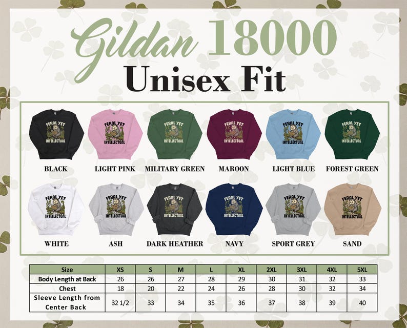 Gildan 18000 Unisex Fit sweatshirts in various colors, with size chart.