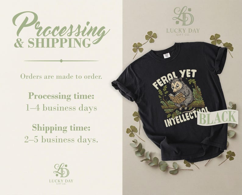 Black t-shirt with "Feral Yet Tales & Trivia" text and possum graphic.