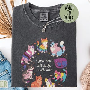 May include: A charcoal gray t-shirt featuring a graphic of seven colorful cats arranged in a circle. The text in the center reads, "you are all safe with me." The cats are illustrated in various bright colors including rainbow, pink, blue, and purple patterns.