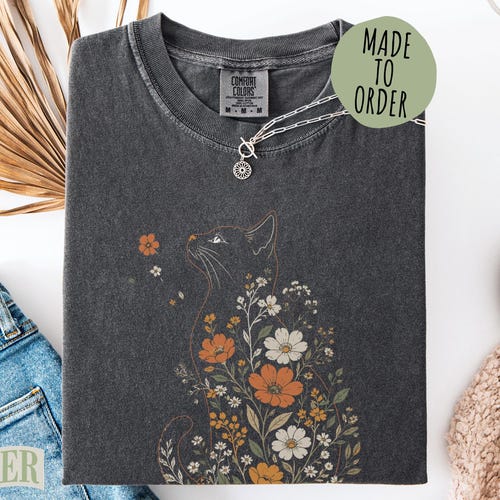 Comfort Colors® Boho Cat Plants Shirt, Short & Long Sleeve Nature Trees Wild Flowers Top, Retro Cottagecore Cat Mom Gift for Her