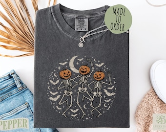 Comfort Colors Retro Halloween Shirt, Vintage Dancing Skeletons Aesthetic Top, Women's Pumpkin Spooky Season Clothing