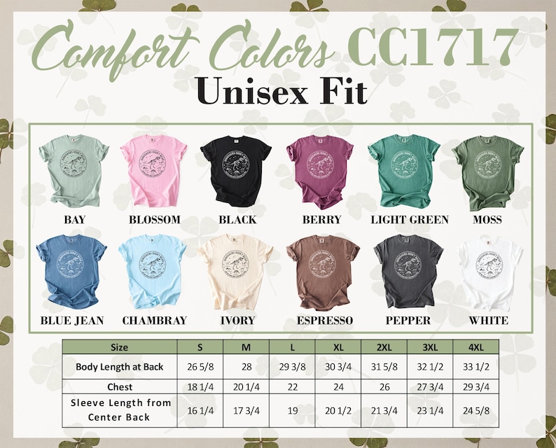 Comfort Colors CC1717 unisex t-shirt in 10 colors, with sizing chart.