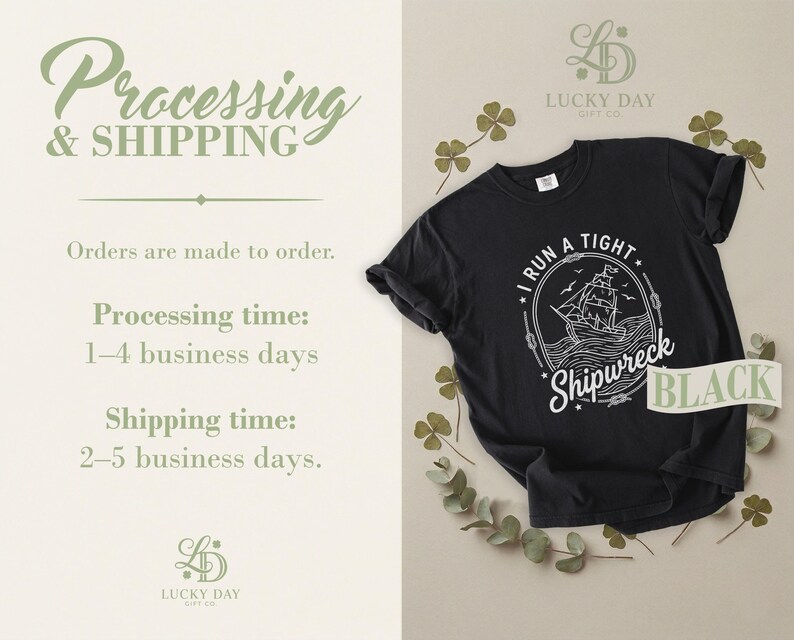 Black t-shirt with "I Run A Tight Shipwreck" graphic.