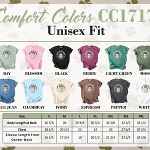 Comfort Colors CC1717 unisex t-shirts in various colors and size chart.