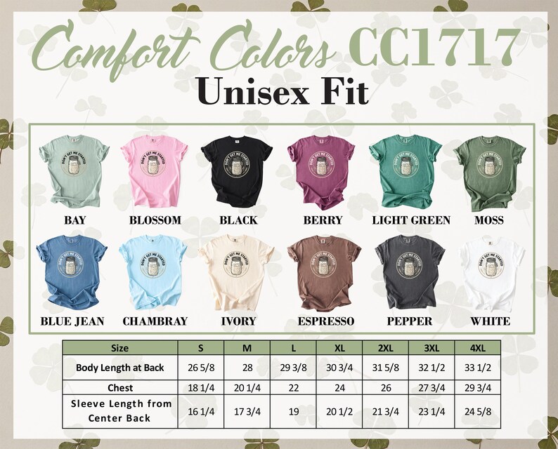 Comfort Colors CC1717 unisex t-shirts in various colors and size chart.