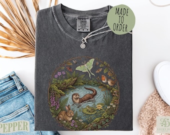 90s Forest Animals Vintage Cottagecore Comfort Colors Shirt, Woodland Otter Frog Rabbit Birds Top, Nature Lover Gift