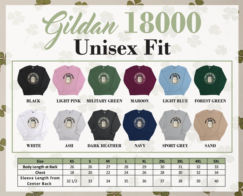 Gildan 18000 Unisex Fit sweatshirt color options and size chart.