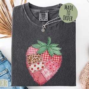 Vintage Patchwork Strawberry Comfort Colors® Shirt, Faux Quilted Farmhouse Berry Top, Rustic Gingham Floral Cottagecore Vintage Apparel
